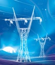High voltage transmission systems. Electric pole. Neon glow. Night landscape. Power lines. Network of interconnected electrical. W Royalty Free Stock Photo
